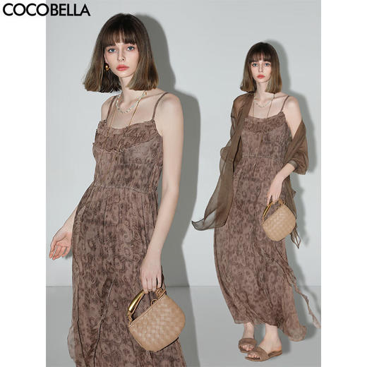 COCOBELLA手工木耳边对丝雪纺皱吊带裙轻盈飘逸连衣裙FR3020 商品图0