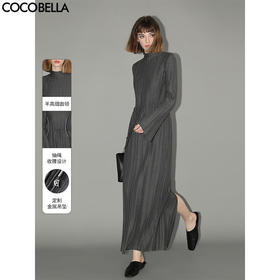 COCOBELLA手工压褶半高领赫本风长袖连衣裙女气质长裙FR3015