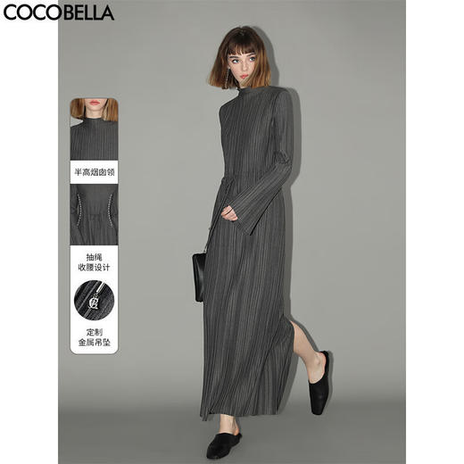 COCOBELLA手工压褶半高领赫本风长袖连衣裙女气质长裙FR3015 商品图0