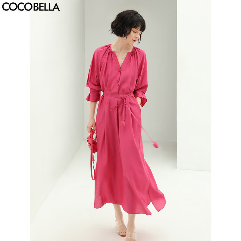 COCOBELLA玫瑰花苞腰绳捏褶衬衫裙气质玫红色度假连衣裙FR169