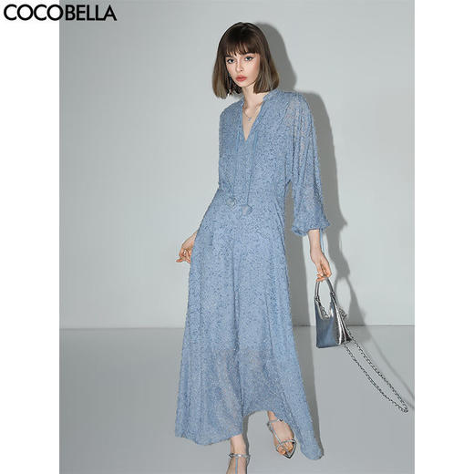 【限时秒杀】COCOBELLA名媛风提花流苏连衣裙夏修饰腰线大摆茶歇裙FR3025 商品图0