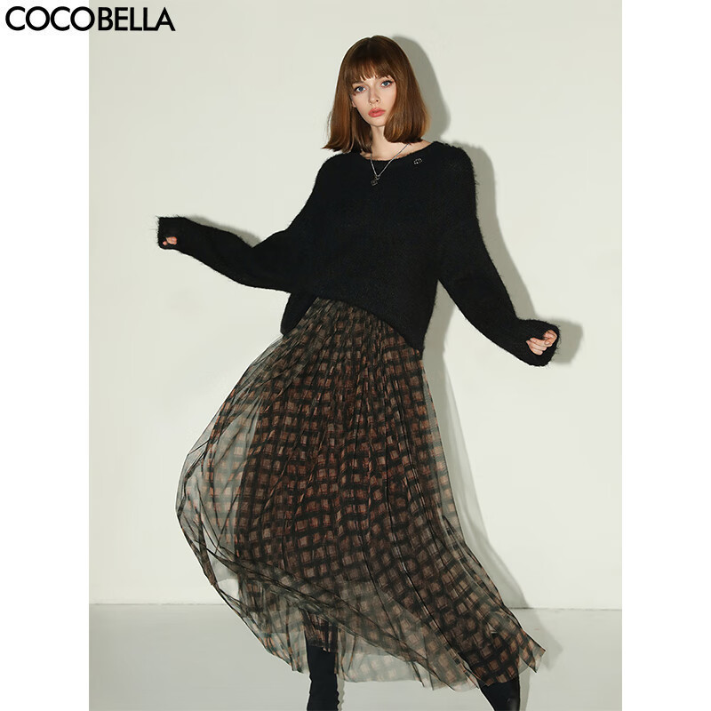 COCOBELLA双层网纱混搭风不规则大摆半身裙女格纹长裙HS3086