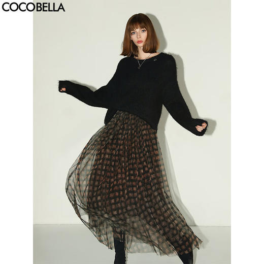 COCOBELLA双层网纱混搭风不规则大摆半身裙女格纹长裙HS3086 商品图0
