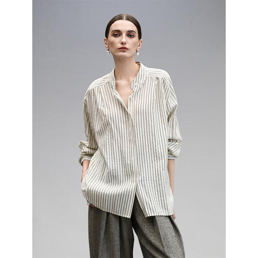 COCOBELLA设计感捏褶小立领条纹衬衫宽松休闲精致衬衣SR0019 商品图0