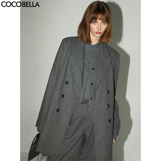 COCOBELLA格雷系假两件中长款羊毛大衣双排扣毛呢西装SI3036 商品图0