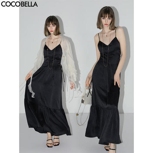 COCOBELLA老钱风褶皱缎面吊带连衣裙女设计感抽褶长裙FR3028B 商品图0