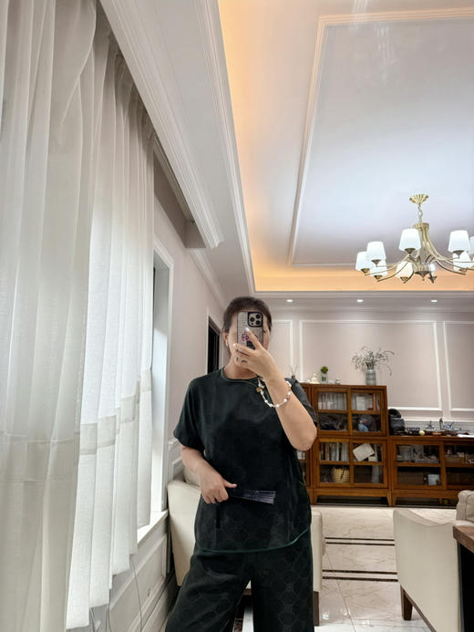 712-4 新中式 四时吉祥 香云纱提花 盘扣斜襟短袖上衣 松紧腰灯笼裤 商品图2