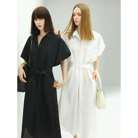 COCOBELLA气质通勤长款衬衫裙女泡泡袖系腰带遮肉连衣裙FR901