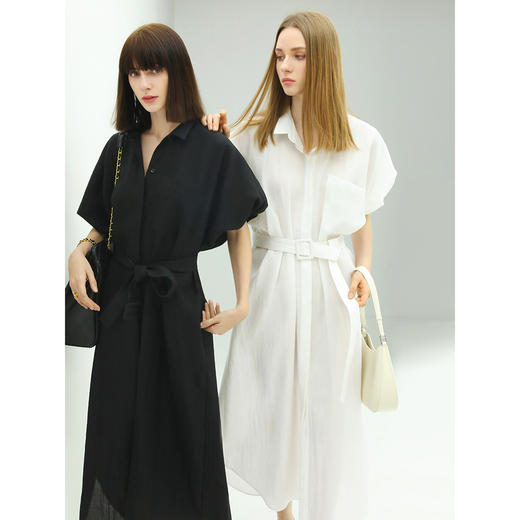 COCOBELLA气质通勤长款衬衫裙女泡泡袖系腰带遮肉连衣裙FR901 商品图0