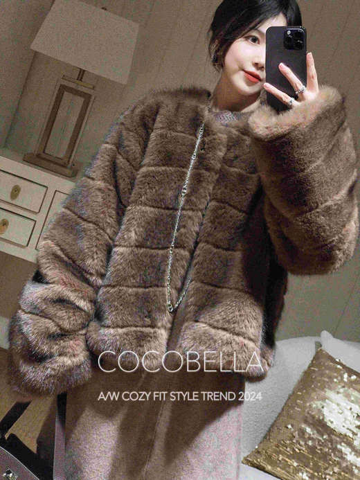 COCOBELLA中古风仿貂绒横排工艺环保皮草外套御寒大衣FU3005 商品图0