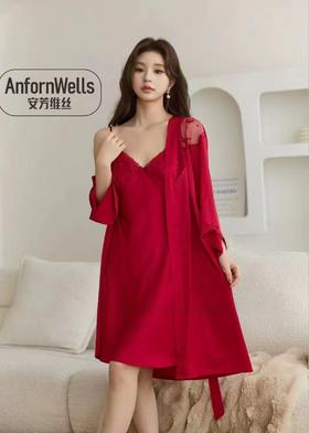 绸缎刺绣两件吊带袍轻奢高级睡衣1415120