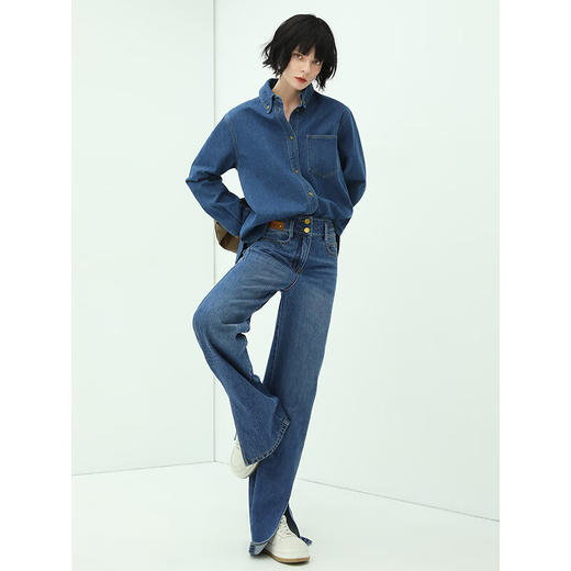 COCOBELLA复古水洗侧开叉牛仔裤女微喇阔腿裤DN616 商品图0