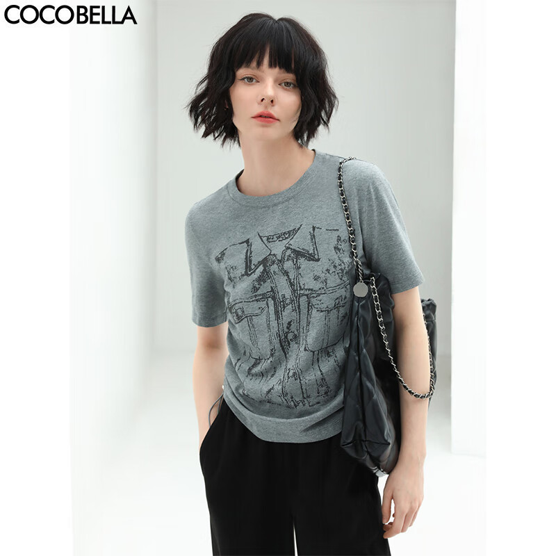 COCOBELLA设计感手绘趣味印花抽绳短袖T恤圆领休闲上衣TS926