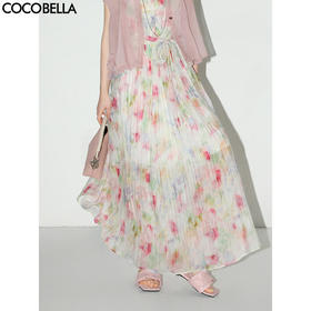 COCOBELLA[夏日倾城]晕染印花压褶莱赛尔花苞飘带半身裙HS0036
