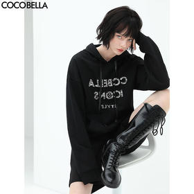 COCOBELLA时尚字母印花连帽卫衣女秋气质PU抽绳休闲帽衫SE619