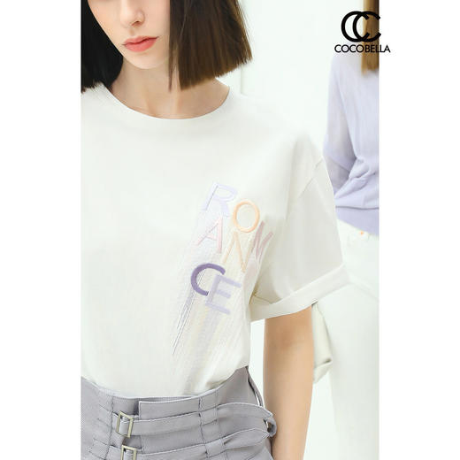 COCOBELLA简约时尚字母刺绣短袖T恤女夏新款白色纯棉上衣TE862 商品图0