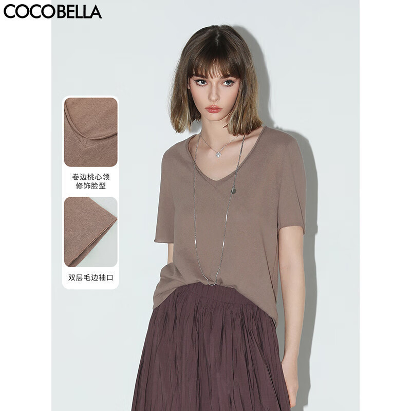 COCOBELLA侘寂风竹节棉短袖T恤基础款V领随性毛边上衣TS7017