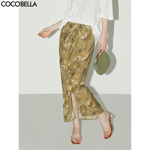 COCOBELLA设计感扭结写意印花炒色半身裙夏油画风压褶长裙HS0011 商品图0