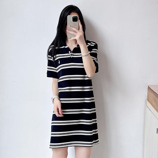条纹短袖polo领连衣裙女长裙显瘦时尚 商品图1