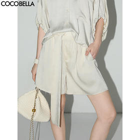 【限时秒杀】COCOBELLA丝光质感褶皱缎面裙裤夏设计感飘带通勤短裤SO3001