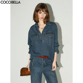 【限时秒杀】COCOBELLA环保水洗手工毛边原色牛仔衬衫金扣内搭衬衣DN3005
