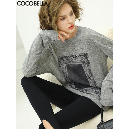COCOBELLA时尚巴洛克印花长袖T恤女花纱灰色宽松针织上衣TS44 商品图0