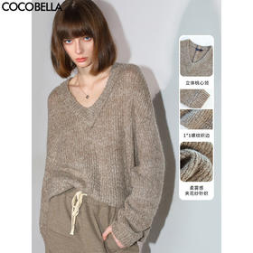 【秋冬特惠】COCOBELLA[MIU系穿搭]粗针花纱毛边V领毛衣秋冬针织衫MZ7037
