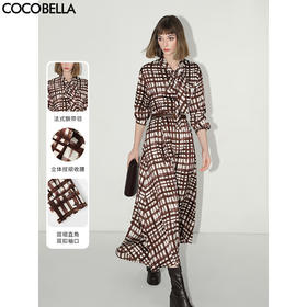 COCOBELLA雾感缎面飘带领通勤连衣裙秋轻奢法式茶歇衬衫裙FR3005