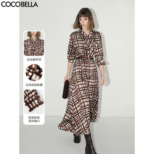 COCOBELLA雾感缎面飘带领通勤连衣裙秋轻奢法式茶歇衬衫裙FR3005 商品图0