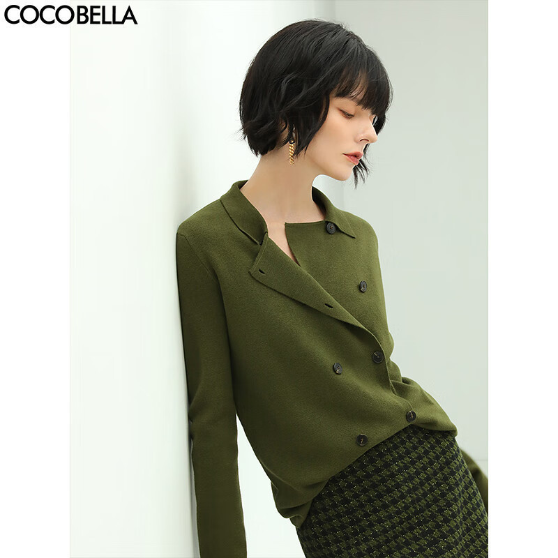 COCOBELLA[苔藓绿]简约双排扣翻领毛衣针织开衫MZ152C