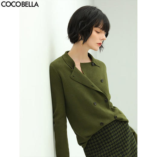 COCOBELLA[苔藓绿]简约双排扣翻领毛衣针织开衫MZ152C 商品图0