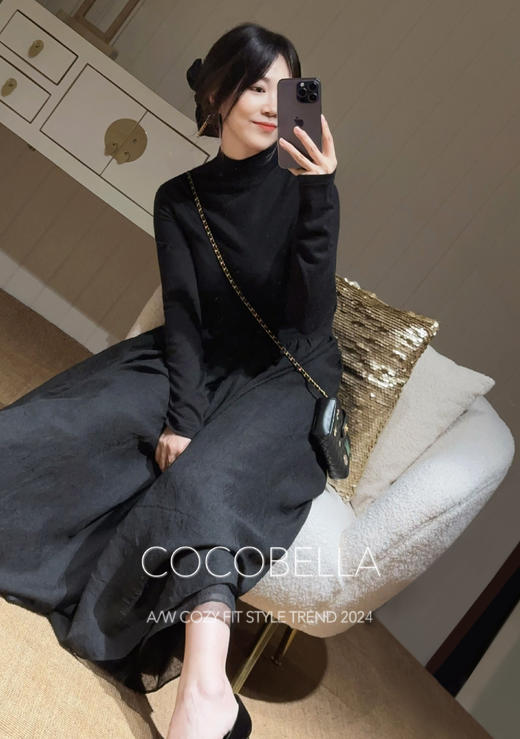 【限时特惠】COCOBELLA赫本风礼服半高领连衣裙小黑裙褶皱肌理大摆长裙FR0008 商品图0