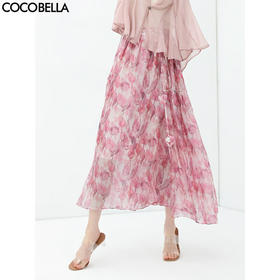 HS125COCOBELLA玫瑰花苞腰绳印花半身裙女夏飘逸大摆雪纺长裙