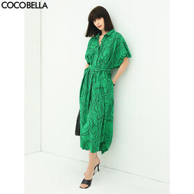 COCOBELLA气质通勤绿色衬衫裙女泡泡袖宽松遮肉连衣裙FR901B