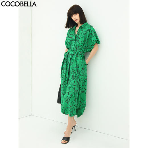 COCOBELLA气质通勤绿色衬衫裙女泡泡袖宽松遮肉连衣裙FR901B 商品图0
