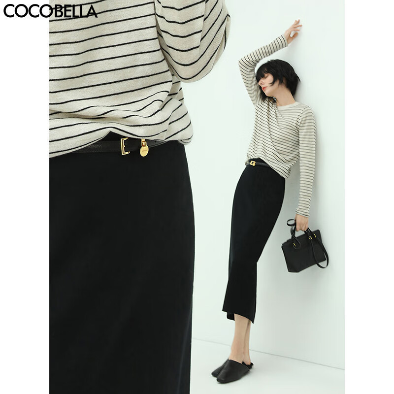 COCOBELLA简约黑色后开叉针织裙女高腰半身裙长裙HS97