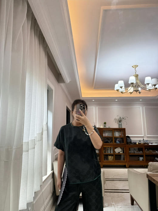 712-4 新中式 四时吉祥 香云纱提花 盘扣斜襟短袖上衣 松紧腰灯笼裤 商品图0