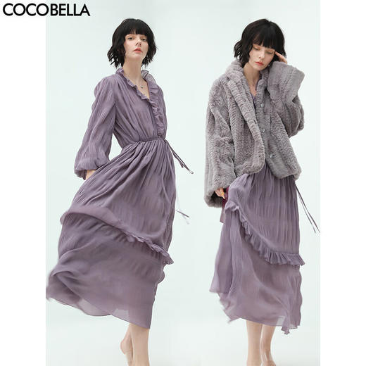 COCOBELLA宫廷风重工压褶木耳边连衣裙秋优雅轻熟茶歇裙FR570 商品图0