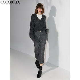 COCOBELLA[miu系穿搭]人字纹羊毛半身冬毛呢长裙附腰带HS0058