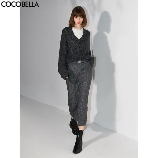 COCOBELLA[miu系穿搭]人字纹羊毛半身冬毛呢长裙附腰带HS0058 商品图0