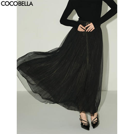 COCOBELLA手工压褶金葱网纱大摆半身裙气质长裙礼服裙HS7065 商品图0