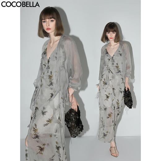 COCOBELLA新中式金葱雪纺竹子印花绑带连衣裙国风吊带裙FR7027 商品图0