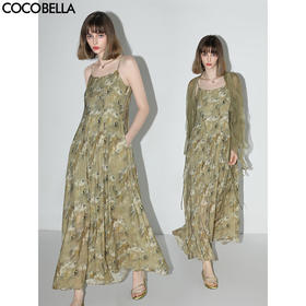 【限时秒杀】COCOBELLA写意油画印花压褶炒色吊带连衣裙度假风长裙FR0015