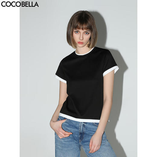 COCOBELLA黑白撞色拼接假两件短袖T恤夏简约精致半袖TS0017 商品图0