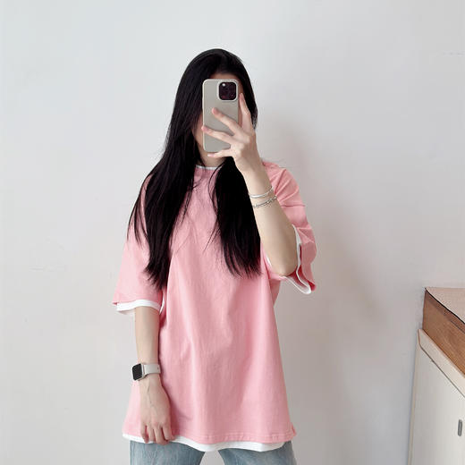 极简风后背字母 假两件叠穿宽松短袖T恤 商品图1