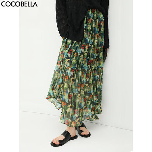 COCOBELLA油画风压褶印花雪纺半身裙度假风飘逸大摆长裙HS533 商品图0