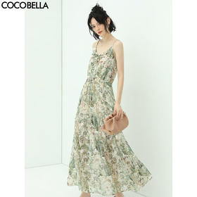 COCOBELLA重工对丝提花吊带长裙女夏法式浪漫雪纺连衣裙FR156