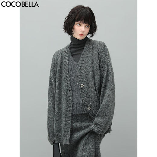 COCOBELLA细闪亮片加厚针织外套女秋冬蓬松软糯开衫毛衣MZ189 商品图0