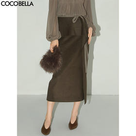 COCOBELLA[孟买棕绿]不对称荷叶边半身裙女冬毛呢长裙HS3091-2