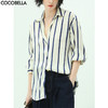 COCOBELLA简约蓝白条纹缎面衬衫女气质通勤OL长袖衬衣NSR616 商品缩略图0